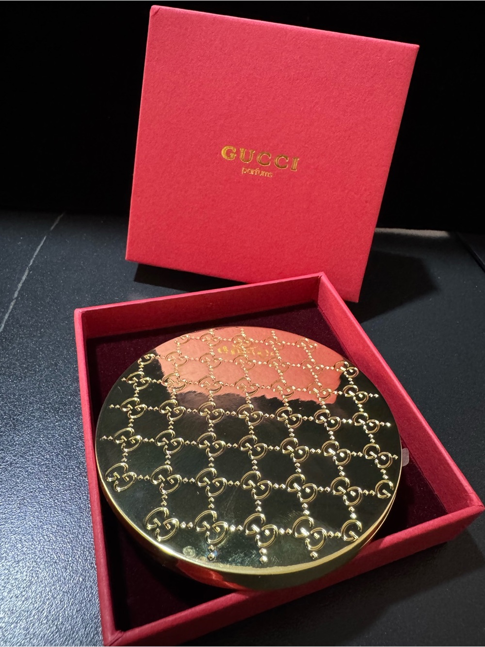 Gucci Gold Logo Pattern Compact Mirror - double sided in packaging
